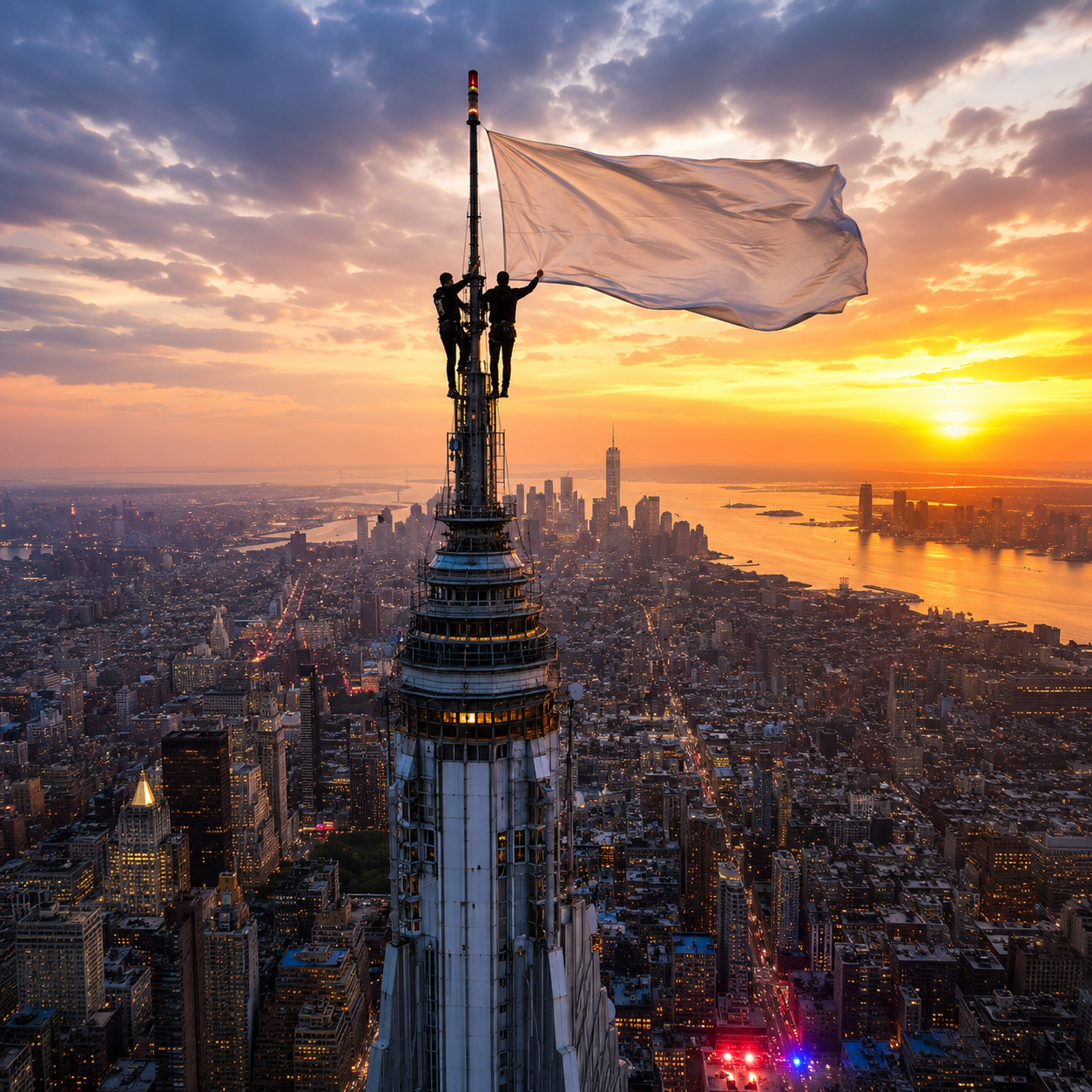 Two Climbers Scale Empire State Building Antenna, Display Peace Banner Over New York City